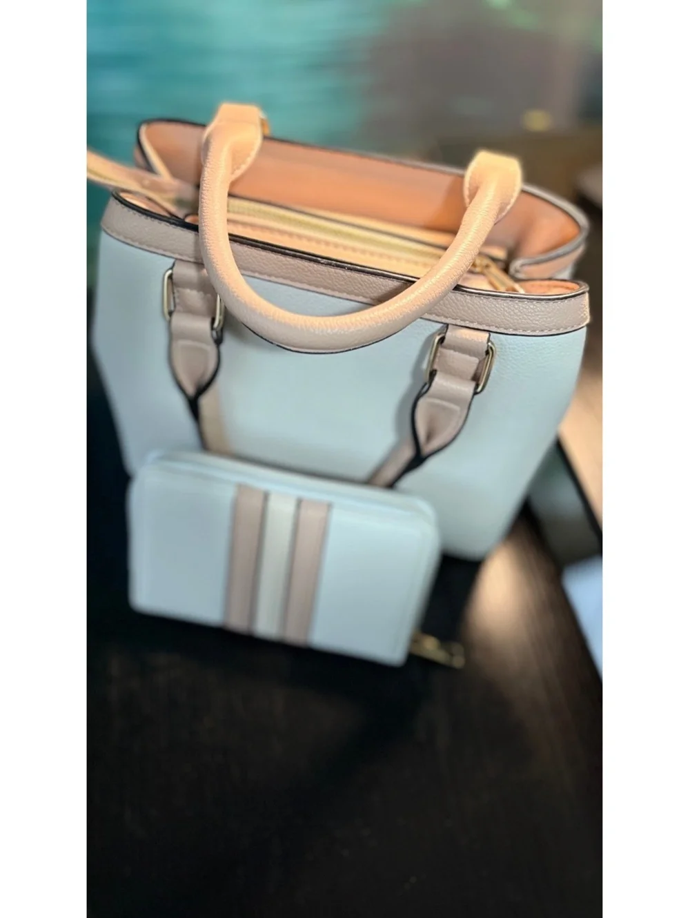 White & Blush Pink Satchel Handbag with Matching Wallet